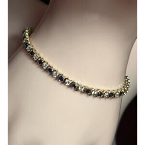Vintage 14k solid yellow gold blue sapphire clear sapphire tennis bracelet